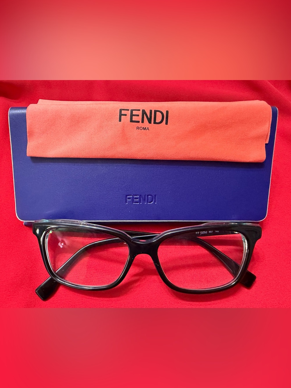 Fendi Women’s eyeglass FF 0252 black frame with Coral dust cloth and Box